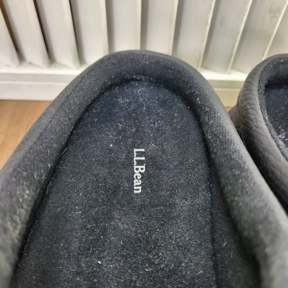 LL Bean Comfort Mules Mens Sz 10 Wide Black Pebbled Leather Slip On Fleece Lined